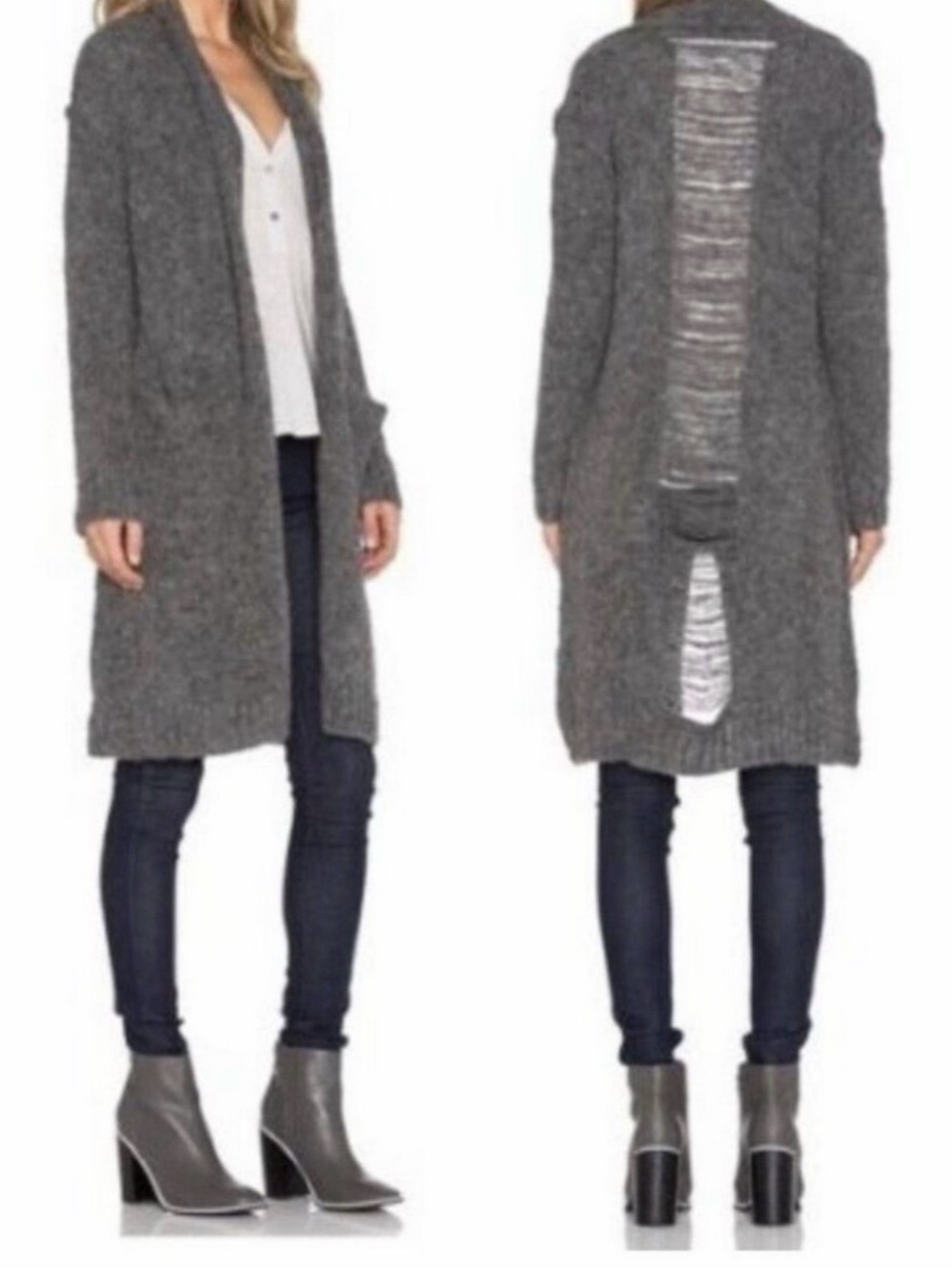 Current/Elliott Gray Alpaca Blend Open-Front Cardigan with Distressed Back